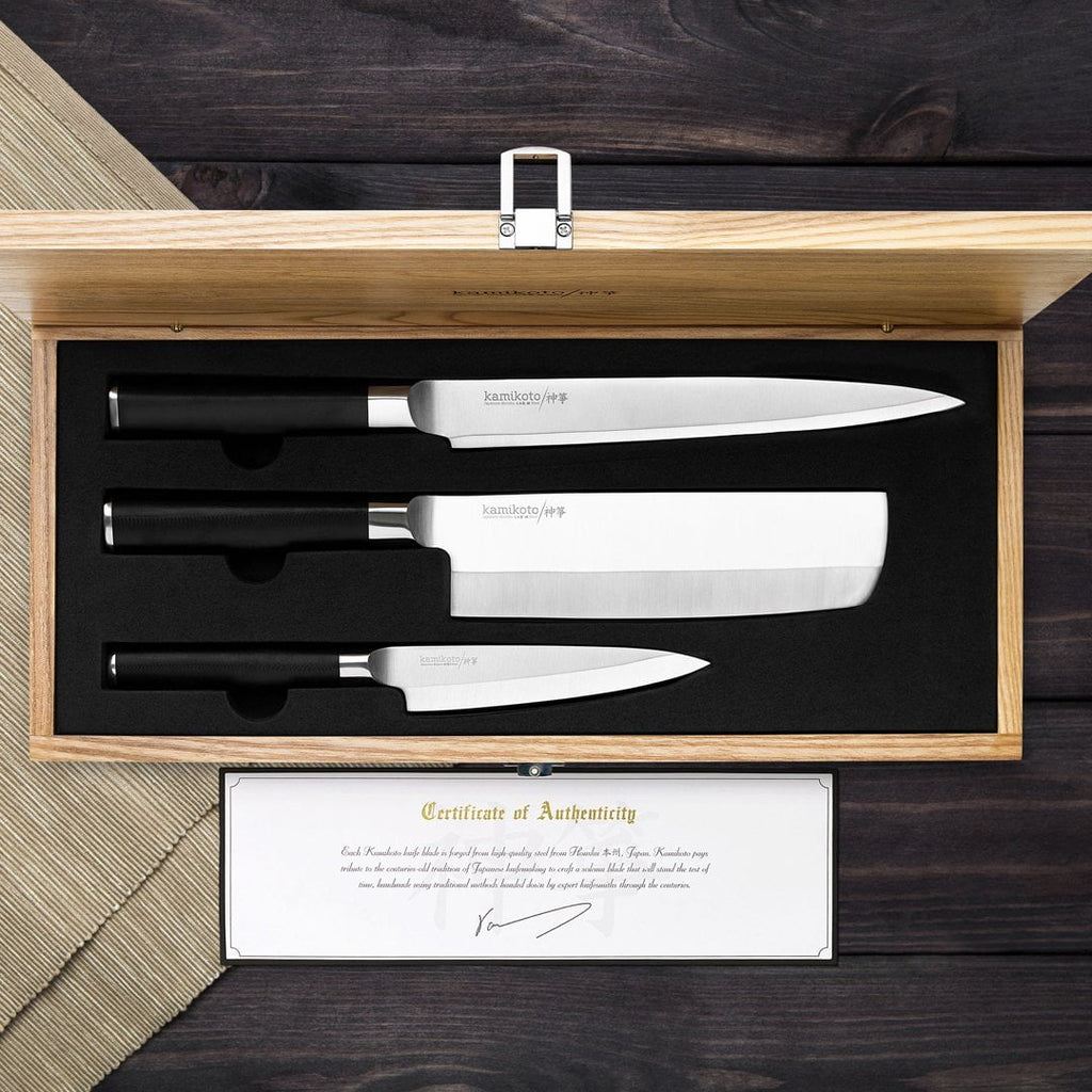 Kamikoto Kuro Series 3 Pc Knife Set Wooden Case Black w/Silver Blades EUC  or New