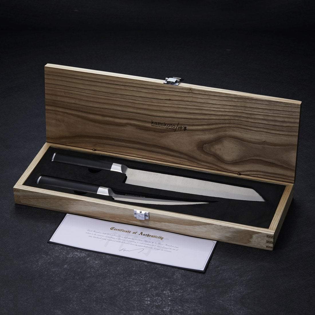 Kamikoto Kuro Series 3 Pc Knife Set Wooden Case Blk w/slvr Blades +  Whetstone