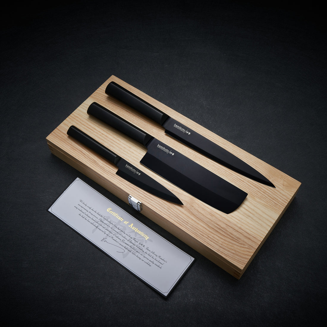 Kamikoto Kuro Series 3 Pc Knife Set Wooden Case Black w/Silver